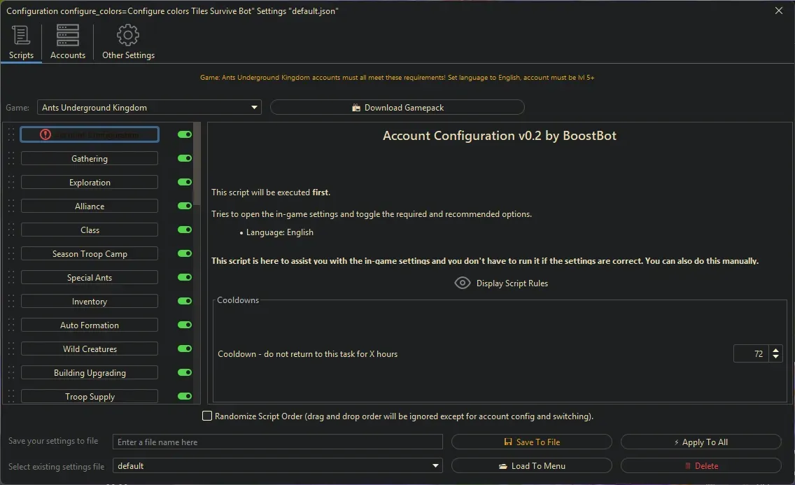 Ants Underground Bot - Account Configuration